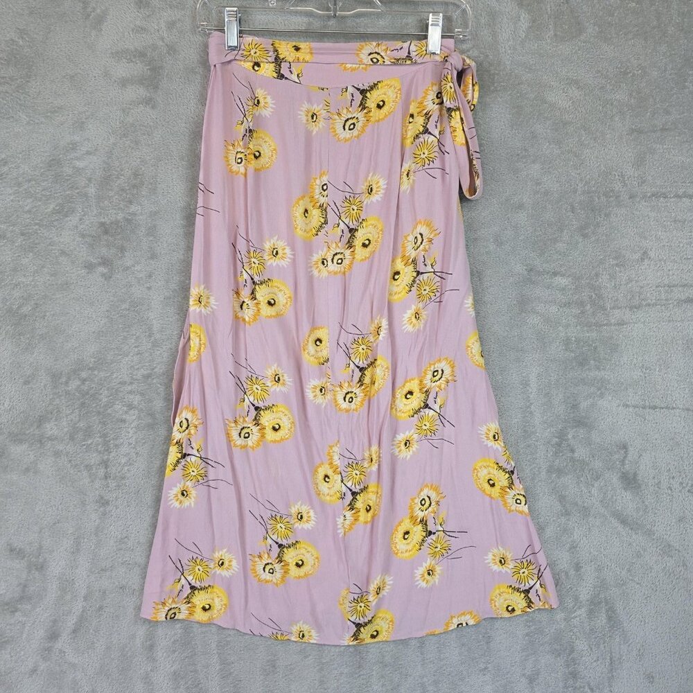 Madewell Skirt Womens 4 Pink Yellow Floral Wrap Midi Lightweight Viscose - Picture 2 of 10